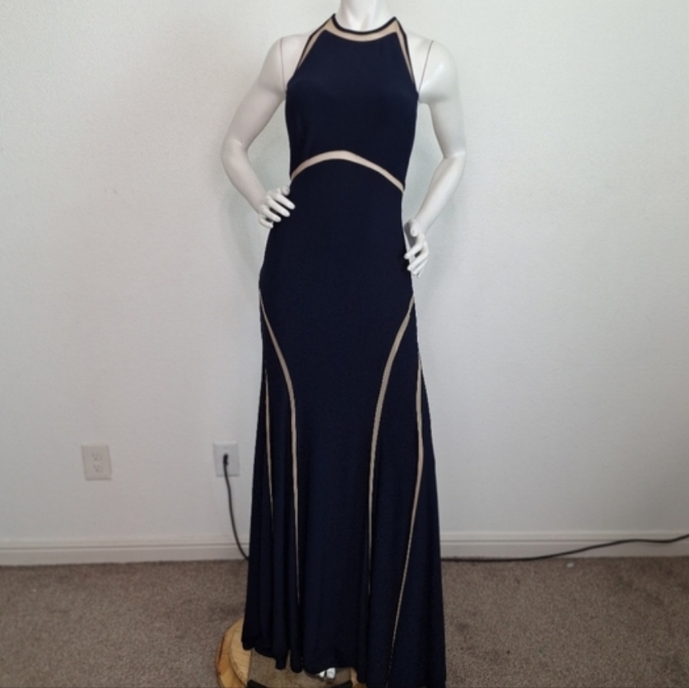 Aqua Dark Blue Cocktail Formal Illusion Striped Halter Neck Maxi Dress Size 10